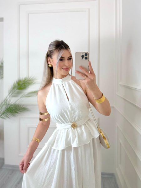 Beyaz Piliseli Halter Yaka Bluz Etek Takım