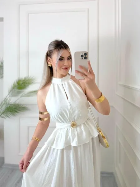 Beyaz Piliseli Halter Yaka Bluz Etek Takım