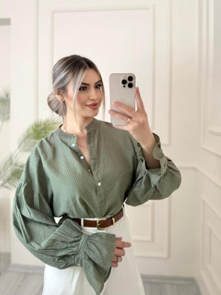 Haki Kol Büzgülü Gömlek