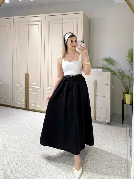 Siyah Sıfır Kollu Saten Etekli Elbise