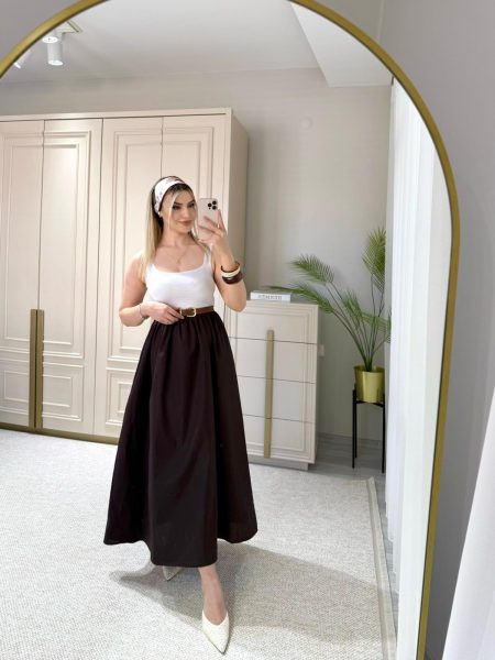 Acı Kahve Sıfır Kollu Kloş Etekli Elbise