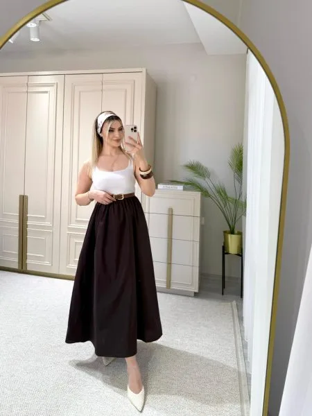 Acı Kahve Sıfır Kollu Kloş Etekli Elbise