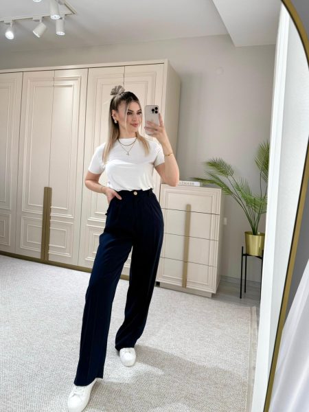 Lacivert Gold Düğme Detaylı Palazzo Pantolon