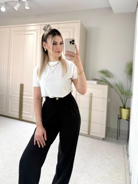 Siyah Gold Düğme Detaylı Palazzo Pantolon