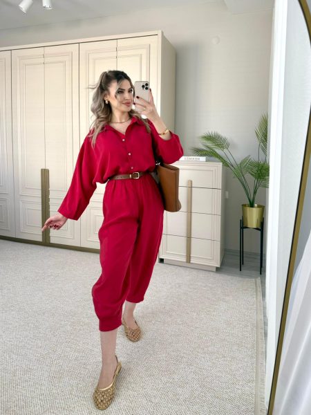 Kırmızı Tensel Kumaş Şalvar Model Takım