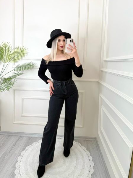 Siyah Geniş Paça Taşlı Jean