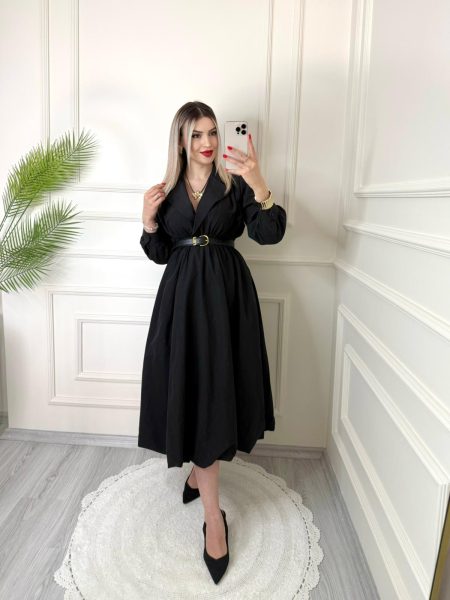 Siyah Kruvaze Yaka Paraşüt Elbise