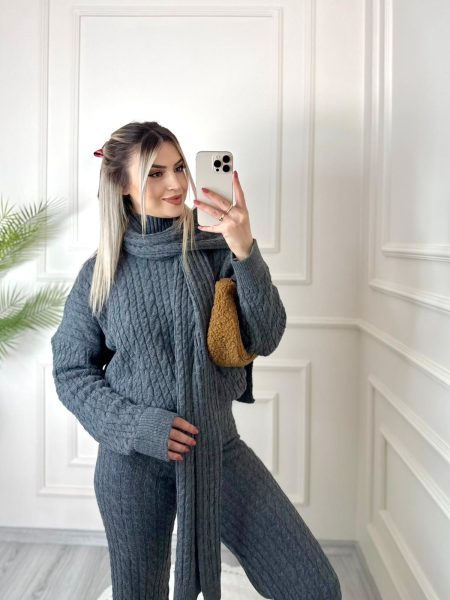 En Yeniler 53 Antrasit Atkılı Saç Örgü Pantolon Kazak Takım