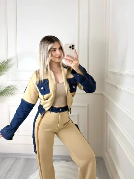 Bej Kargo Cepli Şeritli Denim Takım