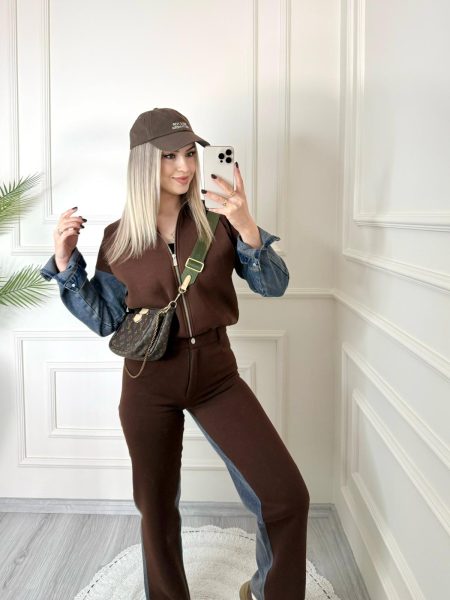 En Yeniler 45 Kahve Ön Fermuarlı Garnili Denim Takım