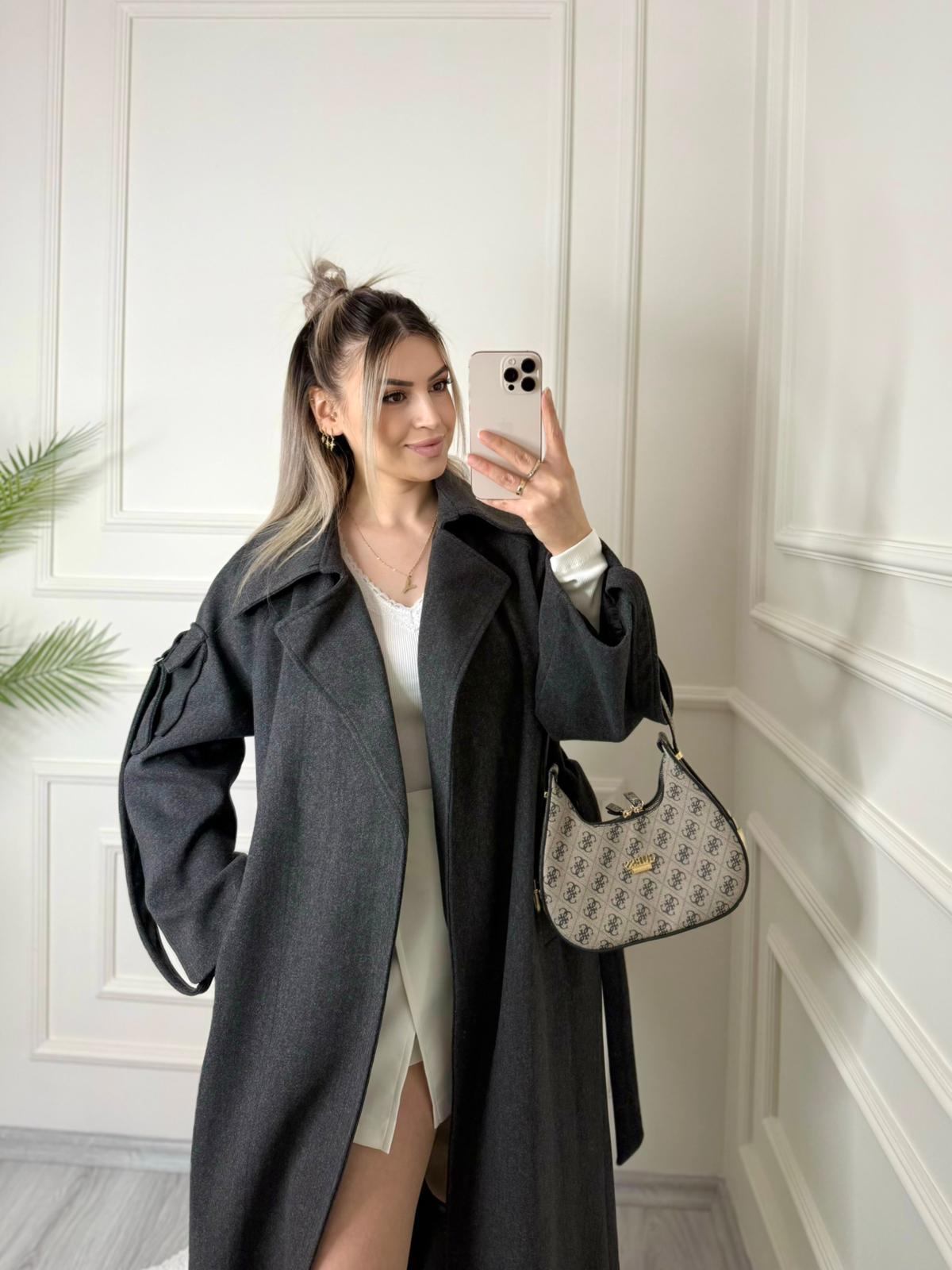 Antrasit Hilda Kolları Cep Detaylı Kaşe Kaban 2 Antrasit Hilda Kolları Cep Detaylı Kaşe Kaban - Görsel 2