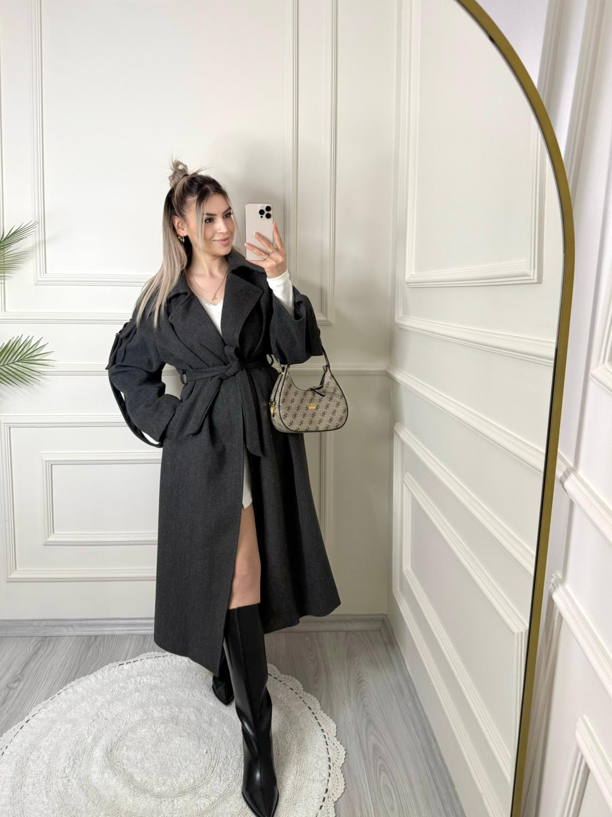 Antrasit Hilda Kolları Cep Detaylı Kaşe Kaban 3 Antrasit Hilda Kolları Cep Detaylı Kaşe Kaban - Görsel 3