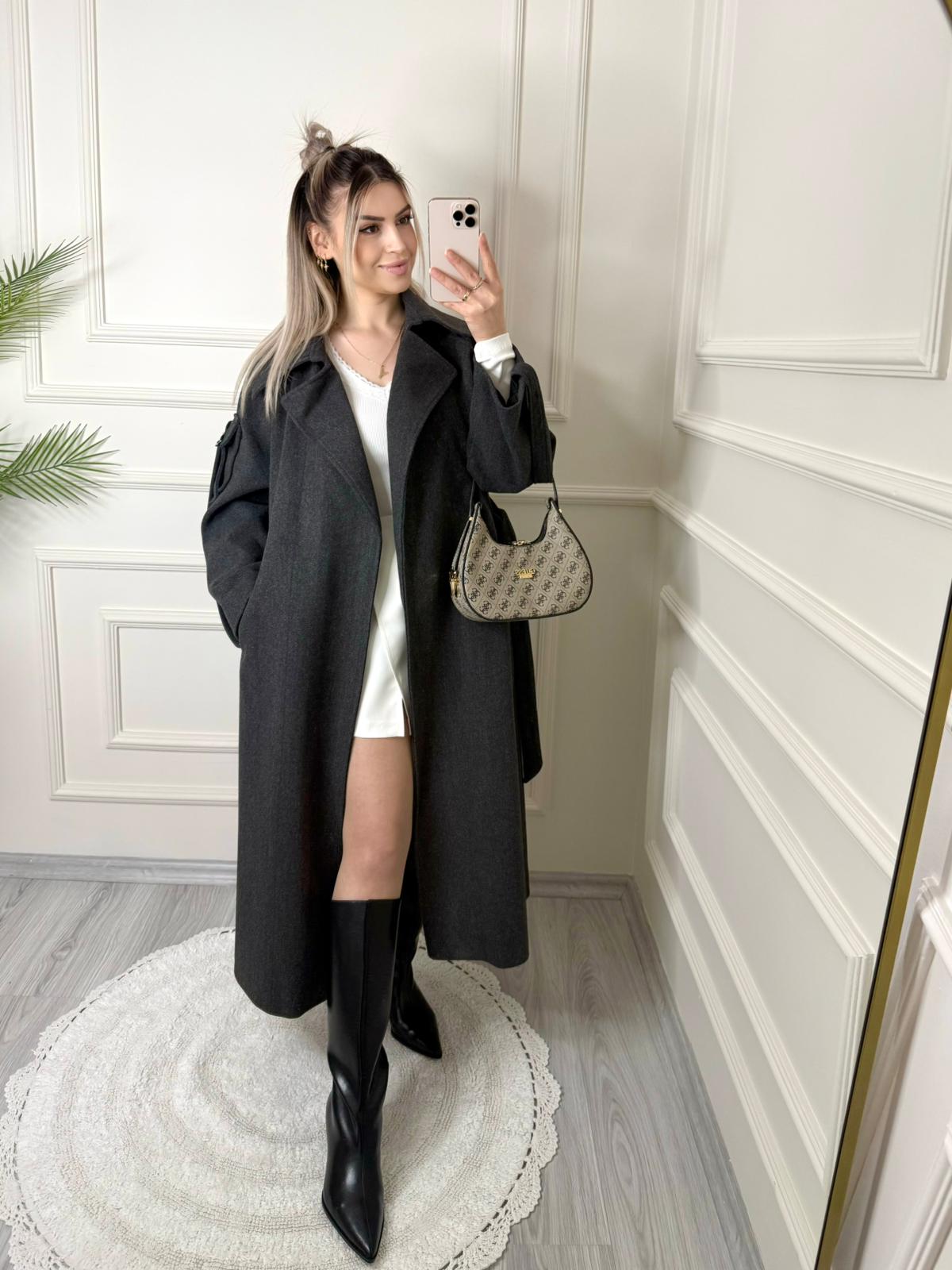 Antrasit Hilda Kolları Cep Detaylı Kaşe Kaban 4 Antrasit Hilda Kolları Cep Detaylı Kaşe Kaban - Görsel 4