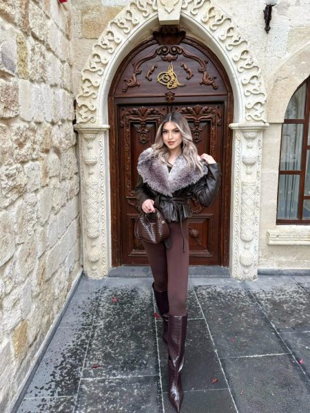 Belland Acı Kahve Premium Kürklü Deri Mont