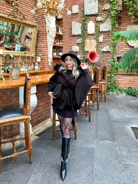 Darking Siyah Kuşaklı Kürklü Panço