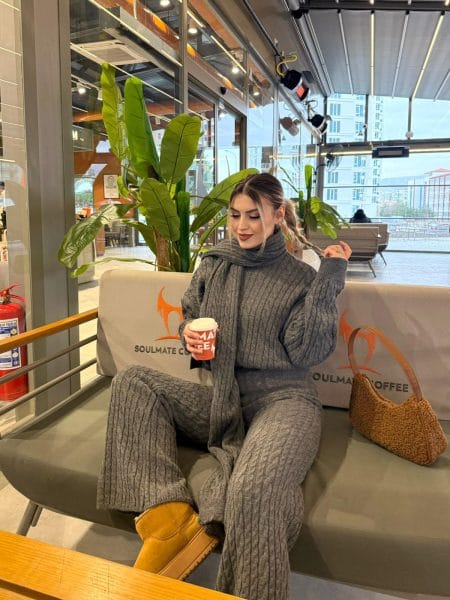 Antrasit Atkılı Saç Örgü Pantolon Kazak Takım