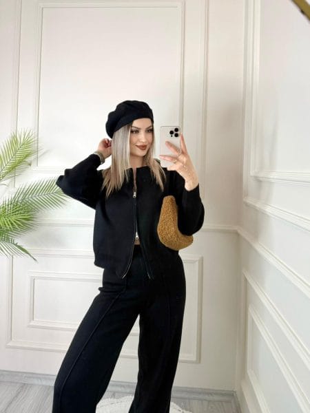 Siyah Çift Fermuarlı Triko Takım