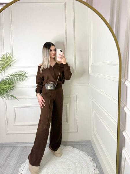Kahverengi Çift Fermuarlı Triko Takım