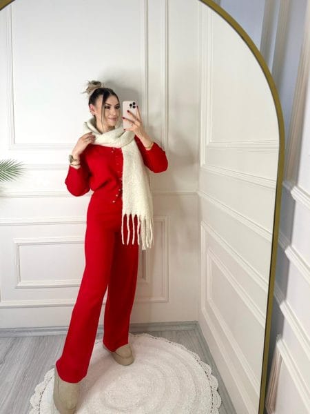 Kırmızı Bel Detaylı İkili Triko Takım