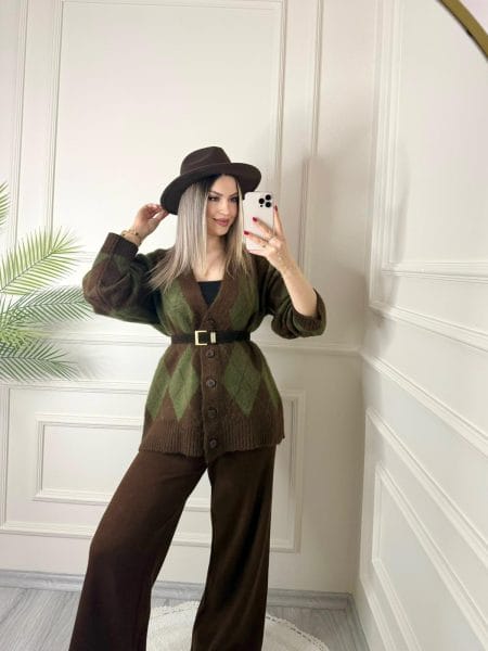 Haki Baklava Dilimli Triko Hırka