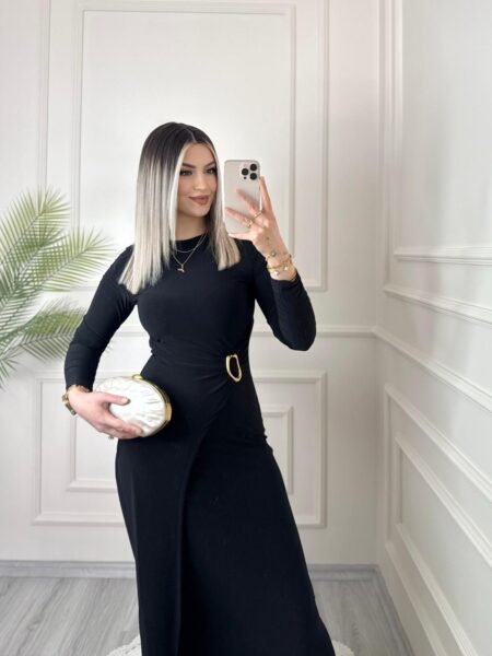 Siyah Gold Aksesuar Detaylı Elbise
