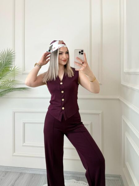 Bordo ZR Marka Gold Düğmeli Yelekli Takım