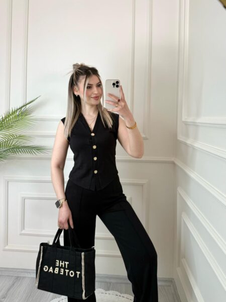 Siyah ZR Marka Gold Düğmeli Yelekli Takım