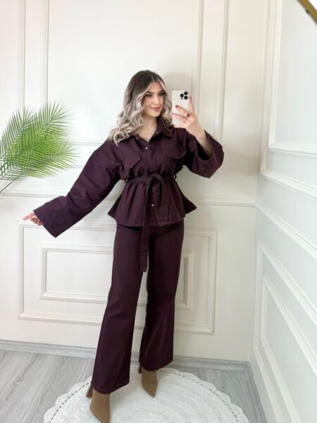 Mürdüm Kuşaklı Denim Takım