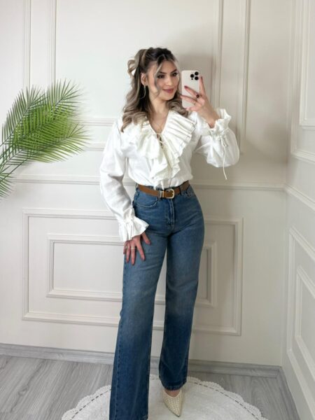 Beyaz ZR Marka Volanlı Gömlek