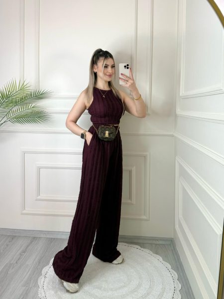 Bordo Sıfır Kollu Dokulu Takım