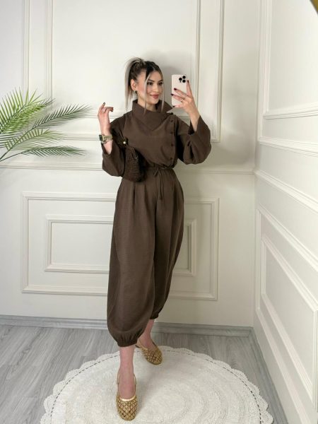 Kahve Dik Yaka Şalvar Takım