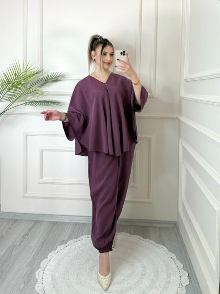 Ana Sayfa 5 Mürdüm Tensel Yarasa Kol Bluz Şalvar Pantolon Takım