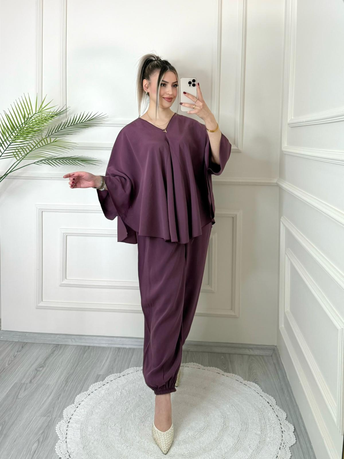 Mürdüm Tensel Yarasa Kol Bluz Şalvar Pantolon Takım 1 Mürdüm Tensel Yarasa Kol Bluz Şalvar Pantolon Takım