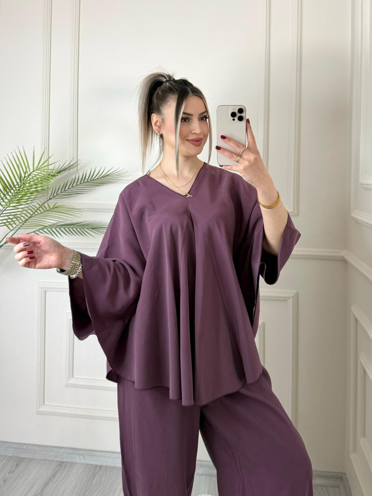 Mürdüm Tensel Yarasa Kol Bluz Şalvar Pantolon Takım 2 Mürdüm Tensel Yarasa Kol Bluz Şalvar Pantolon Takım - Görsel 2