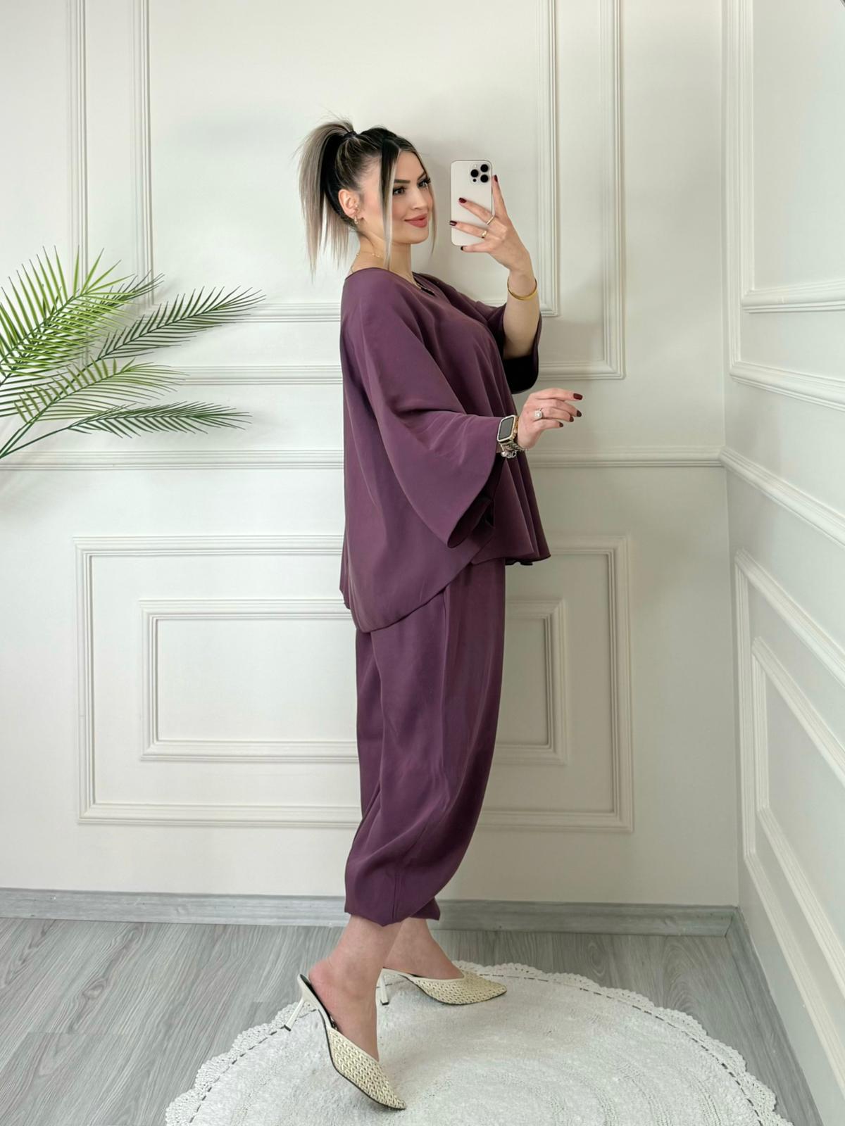 Mürdüm Tensel Yarasa Kol Bluz Şalvar Pantolon Takım 5 Mürdüm Tensel Yarasa Kol Bluz Şalvar Pantolon Takım - Görsel 5