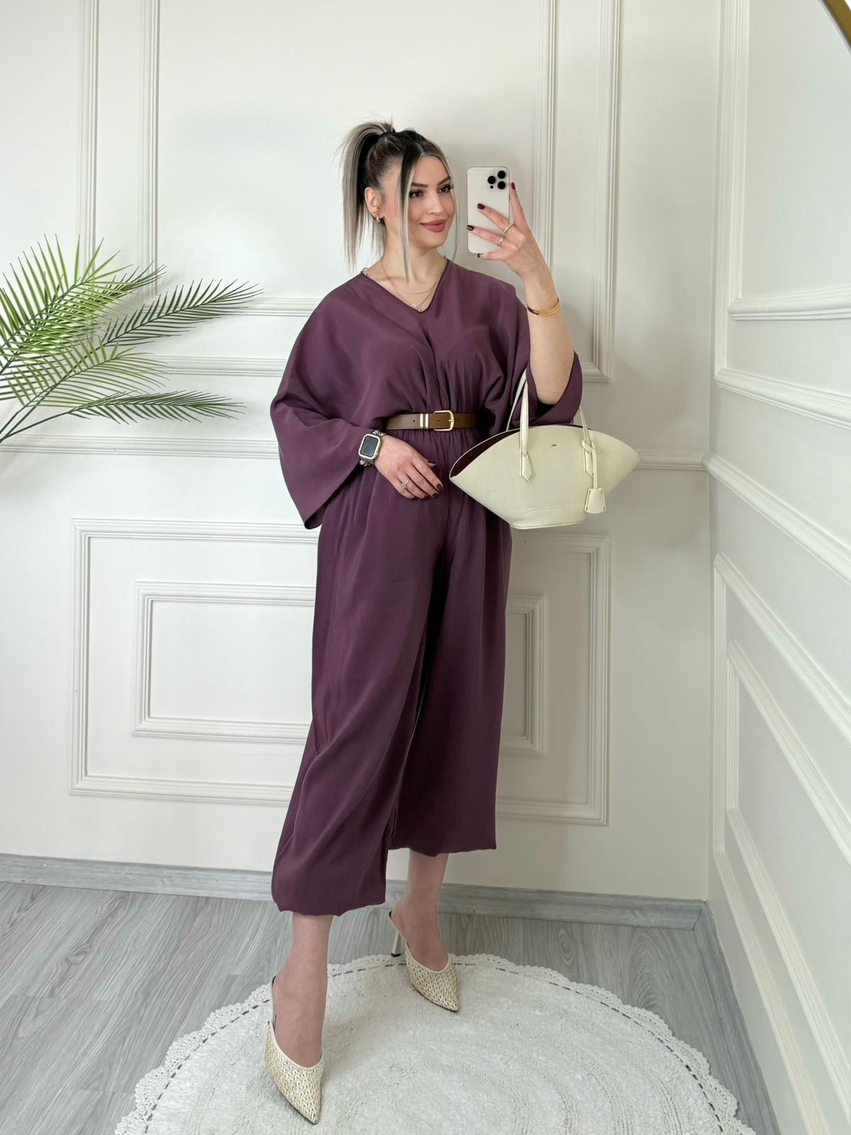 Mürdüm Tensel Yarasa Kol Bluz Şalvar Pantolon Takım 3 Mürdüm Tensel Yarasa Kol Bluz Şalvar Pantolon Takım - Görsel 3