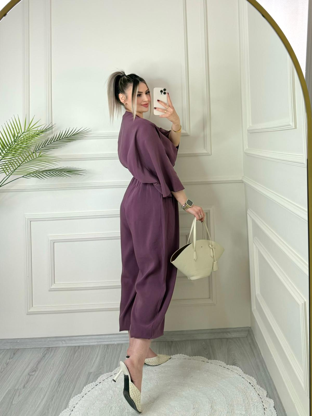 Mürdüm Tensel Yarasa Kol Bluz Şalvar Pantolon Takım 4 Mürdüm Tensel Yarasa Kol Bluz Şalvar Pantolon Takım - Görsel 4