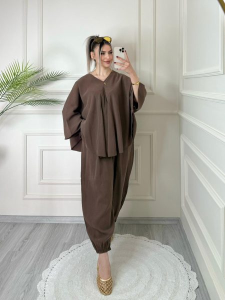Ana Sayfa 3 Kahve Tensel Yarasa Kol Bluz Şalvar Pantolon Takım