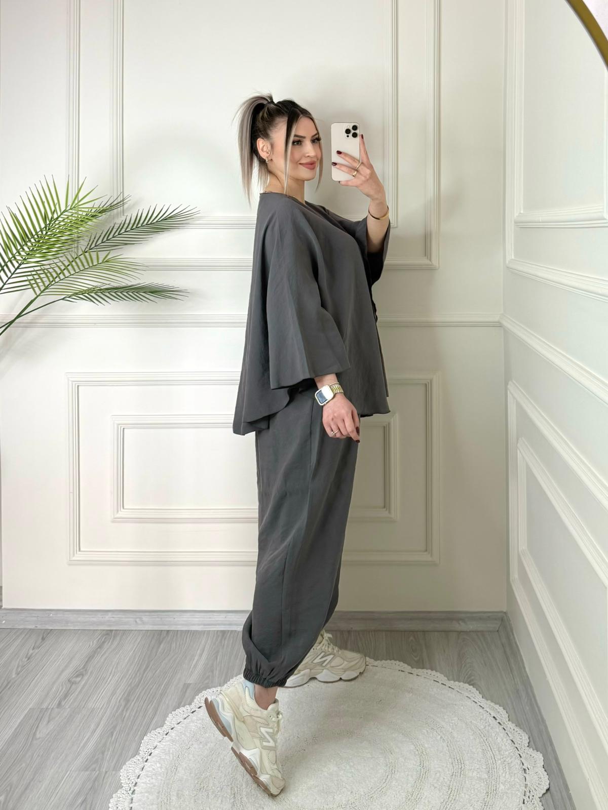 Antrasit Tensel Yarasa Kol Bluz Şalvar Pantolon Takım 5 Antrasit Tensel Yarasa Kol Bluz Şalvar Pantolon Takım - Görsel 5