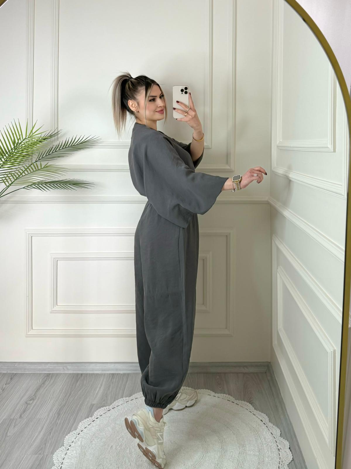 Antrasit Tensel Yarasa Kol Bluz Şalvar Pantolon Takım 4 Antrasit Tensel Yarasa Kol Bluz Şalvar Pantolon Takım - Görsel 4