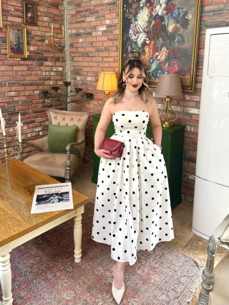Ruby Puantiyeli Straplez Maxi Elbise
