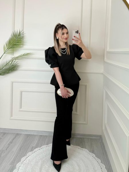 Lunabel Siyah Balon Kol İnci Detaylı Bluz