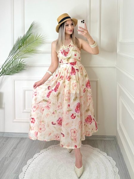 Pembe Çiçek Desenli Askılı Crop Etek Takım