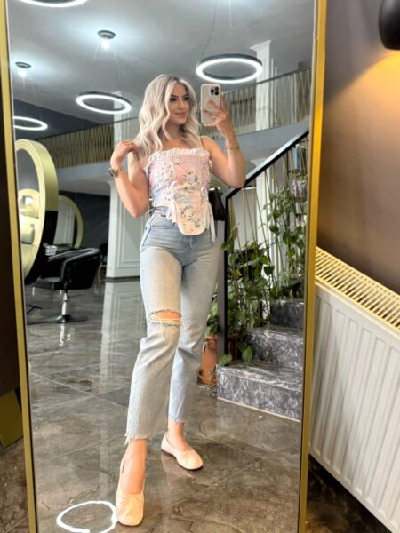 Faralya Pembe Desenli Vintage Korse Büstiyer