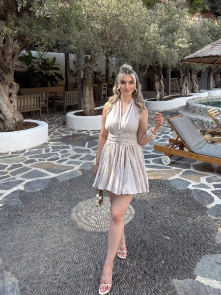 Bej Bedard Boyundan Bağlamalı Mini Elbise