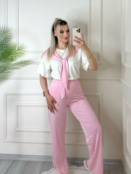 Pembe Fular Detaylı Pantolon Takım