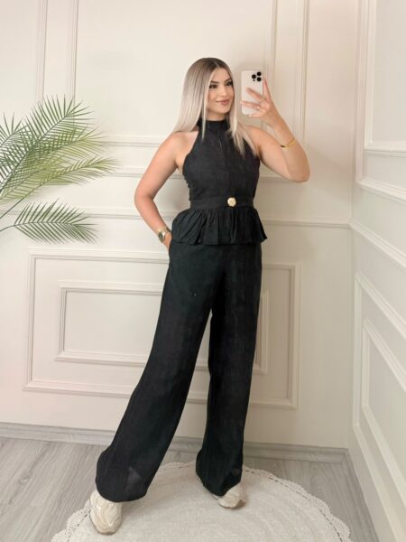 Siyah Gold Düğme Detaylı Bluz Pantolon Takım