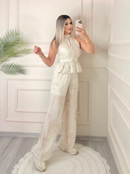 Taş Gold Düğme Detaylı Bluz Pantolon Takım
