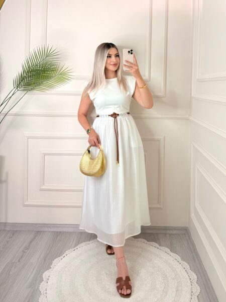 Beyaz Premıum Vatkalı Maxi Elbise