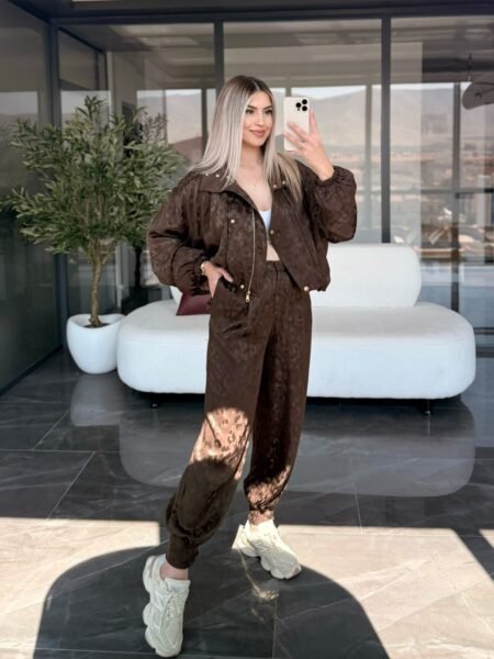 Kahve Astarlı Ceket Şalvar Pantolon Desenli Tasarım Saten Takım